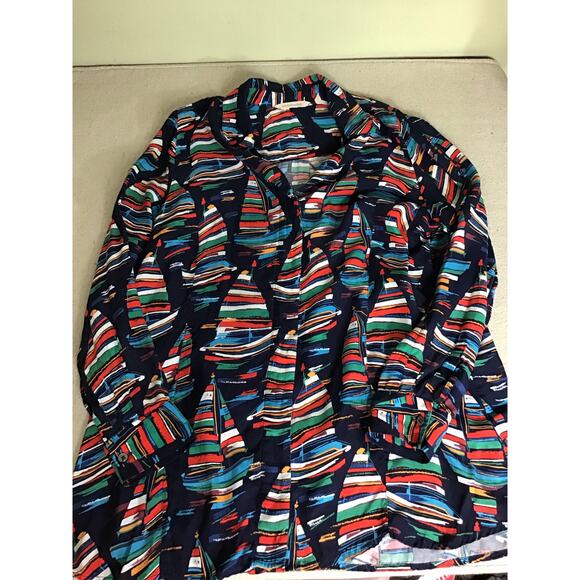 Soft Surroundings Women Sail-away Blouse Sz. Lrg Blue Button up Boat Print top - Picture 3 of 11